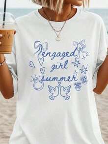 1 Piece Summer Graphic T-Shirt For Bride, Hand-Drawn, Aesthetic, Future Bride T-Shirt, Future Lady Clothes, Flirty Style Engagement Gift, Wife Club, 100% Cotton, Oversized Short Sleeve T-Shirt, Printed Graphic T-Shirt, Casual Short Sleeve Top For Women, 180g 100% Cotton. - 白色 - 查看 1