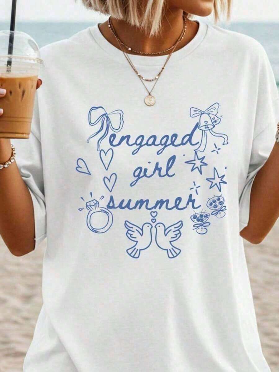 1 Piece Summer Graphic T-Shirt For Bride, Hand-Drawn, Aesthetic, Future Bride T-Shirt, Future Lady Clothes, Flirty Style Engagement Gift, Wife Club, 100% Cotton, Oversized Short Sleeve T-Shirt, Printed Graphic T-Shirt, Casual Short Sleeve Top For Women, 180g 100% Cotton. - 白色 - 查看 1