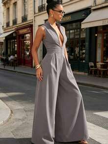 Extreme Wide Leg Zip Front Sleeveless Jumpsuit - Grey - View 3