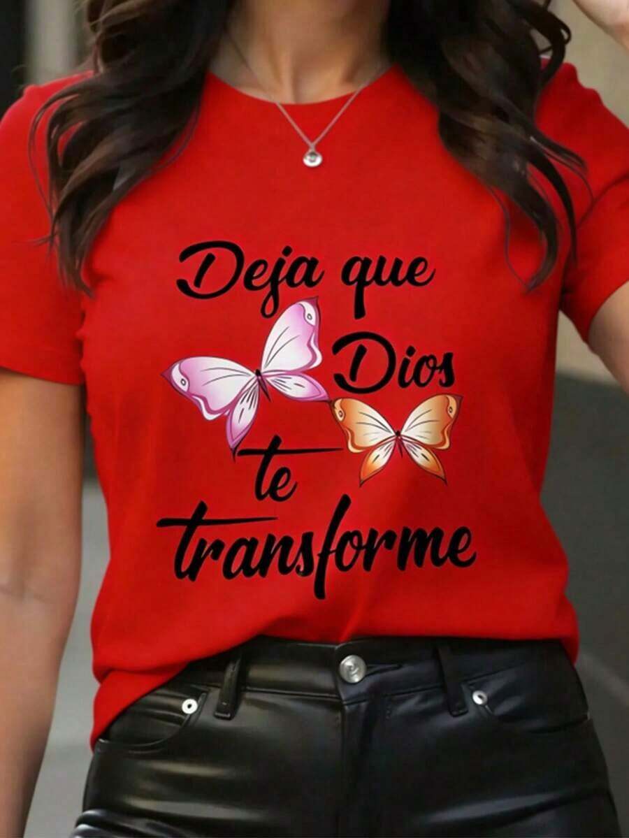 Women's Clothing Women's T-Shirts Spanish Christian Faith Long Shirt - Short-Sleeved Shirt With Butterfly Print And Spanish Text, Soft And Stretchy Fabric, Round Neck, Casual Church Wear, Machine Washable, Comfortable Style For All Four Seasons, Suitable For Spanish Students And Bible Study Wear, Smart Sporty Style, With The Spanish Phrase "LET ME BE TRANSFORMED" And Butterfly Design, Loose And Comfortable Set For Spring And Summer, Women's Shirts - 紅色 - 查看 1