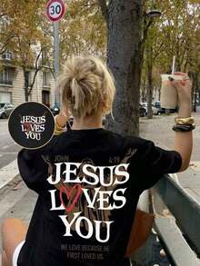 Camiseta de manga corta con cuello redondo y estampado de "Jesus Loves You" para mujer, 100% algodón, estilo casual, adecuada para uso diario en verano, color blanco - Ropa unisex para uso diario en el campus. - Negro - Ver 1