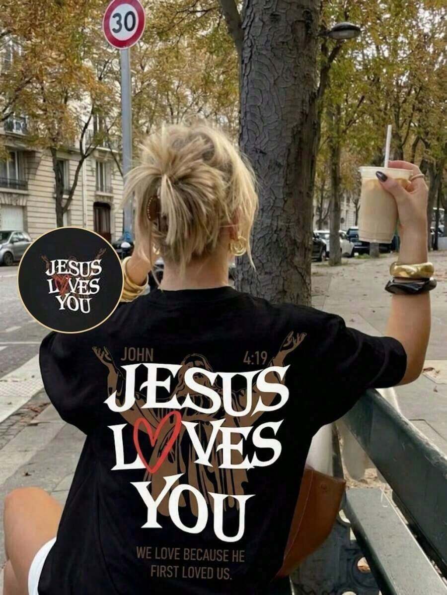 Camiseta de manga corta con cuello redondo y estampado de "Jesus Loves You" para mujer, 100% algodón, estilo casual, adecuada para uso diario en verano, color blanco - Ropa unisex para uso diario en el campus. - Negro - Ver 1