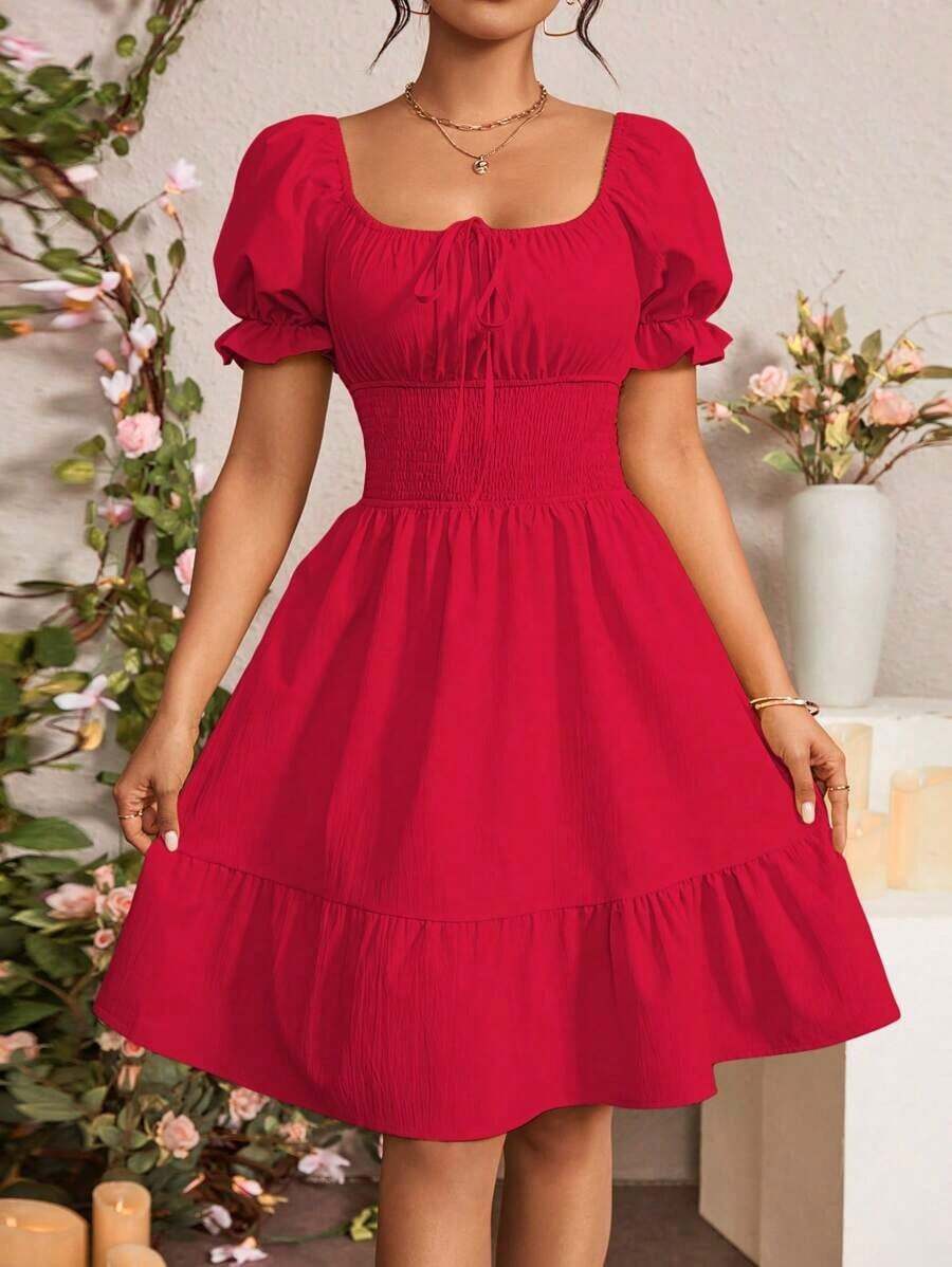 Vestido de mujer de manga corta con cuello cuadrado de unicolor, de moda para el verano - Rojo - Ver 1