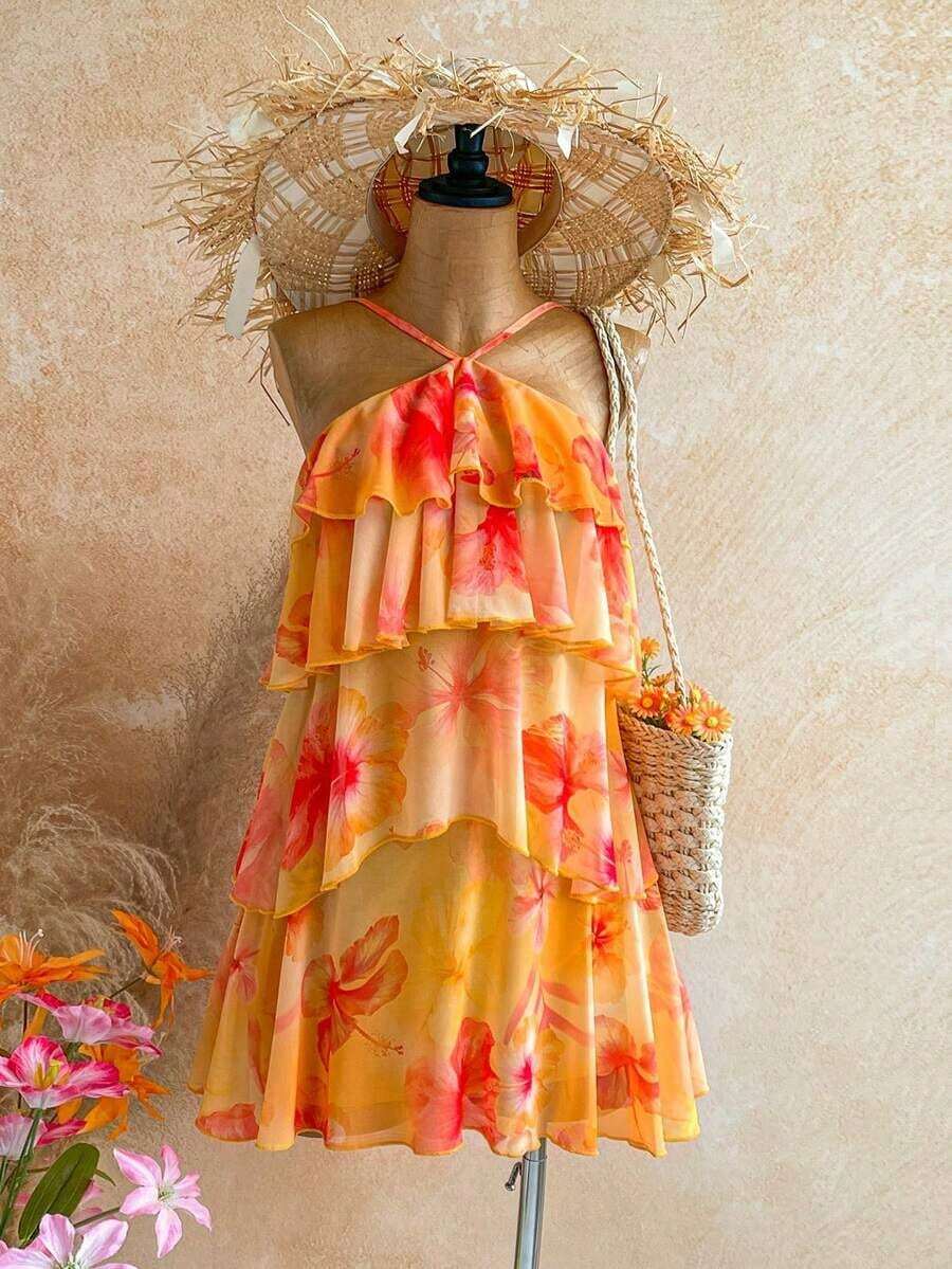 Nuevo vestido elegante y romántico para invitados de boda, de unicolor, con espalda descubierta, multicapa con volantes de gasa, minivestido, adecuado para estilo bohemio, boho, flores románticas, vacaciones, fiestas florales, citas, San Valentín, - Multicolor 5 - Ver 1