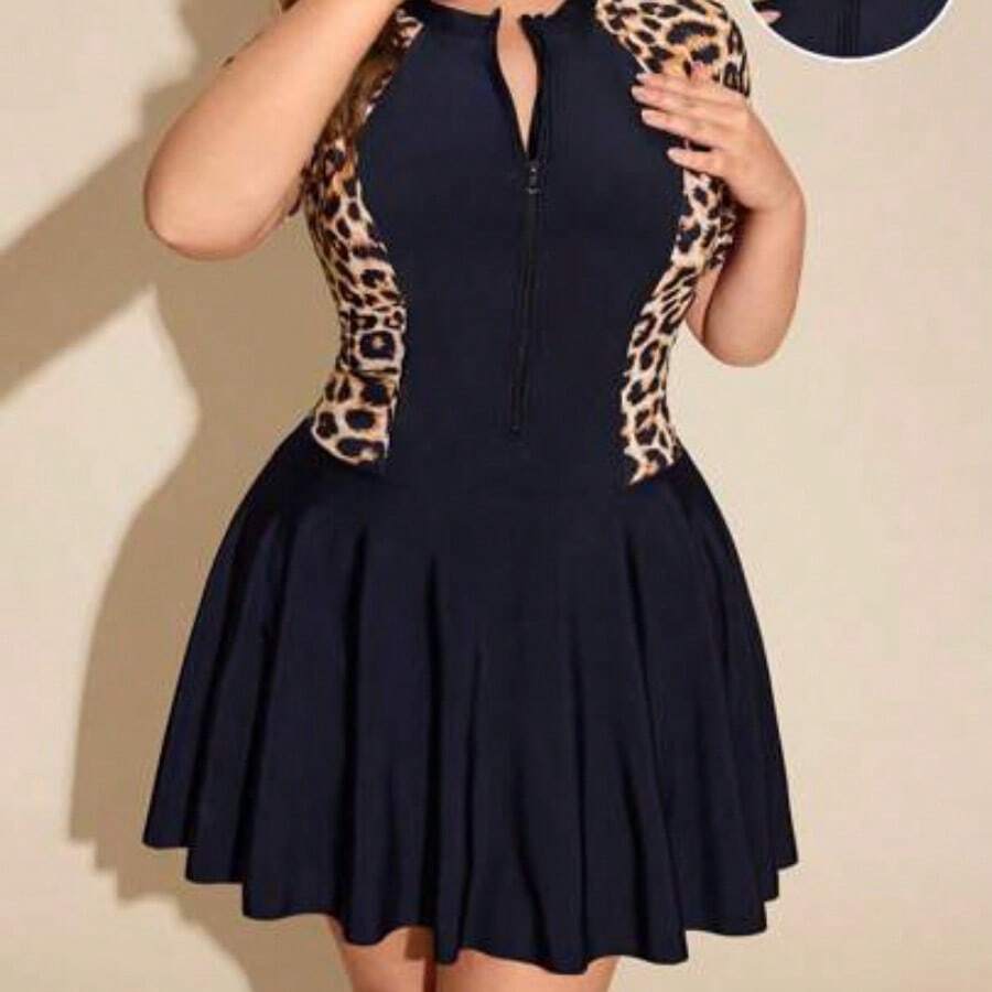 Swim Lushore Plus Size Women Summer Resort Leopard Patchwork V-Neck Short Sleeve Zipper Flare Mini Skirt Solid Color Knee-Length Shorts Burkini Swimsuit Set - Negro - Ver 1