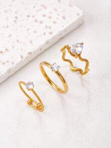 Juego de anillos apilables de acero inoxidable chapado en oro de 18K con incrustaciones de diamante de imitación, diseño minimalista de corazón y gota de agua, anillos de amistad versátiles para uso diario - Dorado - Ver 7