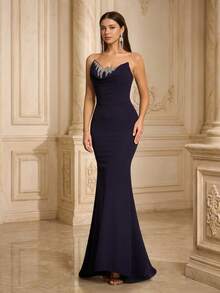 VIPGIRL Novo e elegante vestido de noite luxuoso azul marinho com busto plissado, perfeito para casamentos e festas formais. - Azul marinho - Ver 5