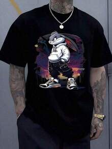 Urban Rabbit Wearing A White Sweatshirt And Modern Sneakers Against A Graffiti Background At Sunset, Conveying A Relaxed And Confident Attitude. T-Shirt, 100% Cotton, IHY6 - 黑色 - 查看 1