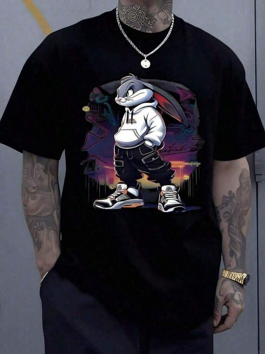 Urban Rabbit Wearing A White Sweatshirt And Modern Sneakers Against A Graffiti Background At Sunset, Conveying A Relaxed And Confident Attitude. T-Shirt, 100% Cotton, IHY6 - 黑色 - 查看 1