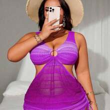 Swim  Plus Size Women's 2pcs Ombre Halter Waist Hollow Out Drawstring Split Swimsuit Set - Morado - Ver 1