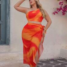 Swim Oasis Plus Size Women's High-End Oasis 3-Piece Set: Yellow Ombre Print One-Shoulder Pleated High-Waist Pants Suit With Ombre Placement Print Mesh Skirt, Summer Beach Resort - Multicolor - Ver 6