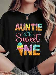 Camiseta 'Tía de la Dulce' para el 1er Cumpleaños, para Amantes del Helado, Camiseta Estampada, Cuello Redondo, Manga Corta, Top Casual de Verano - Negro - Ver 7