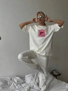 Camiseta Oversize para Mujer con Estampado Gráfico, Cuello Redondo, Manga Corta, Diseño Streetwear Y2K Casual, Ideal para Verano - Blanco - Ver 9
