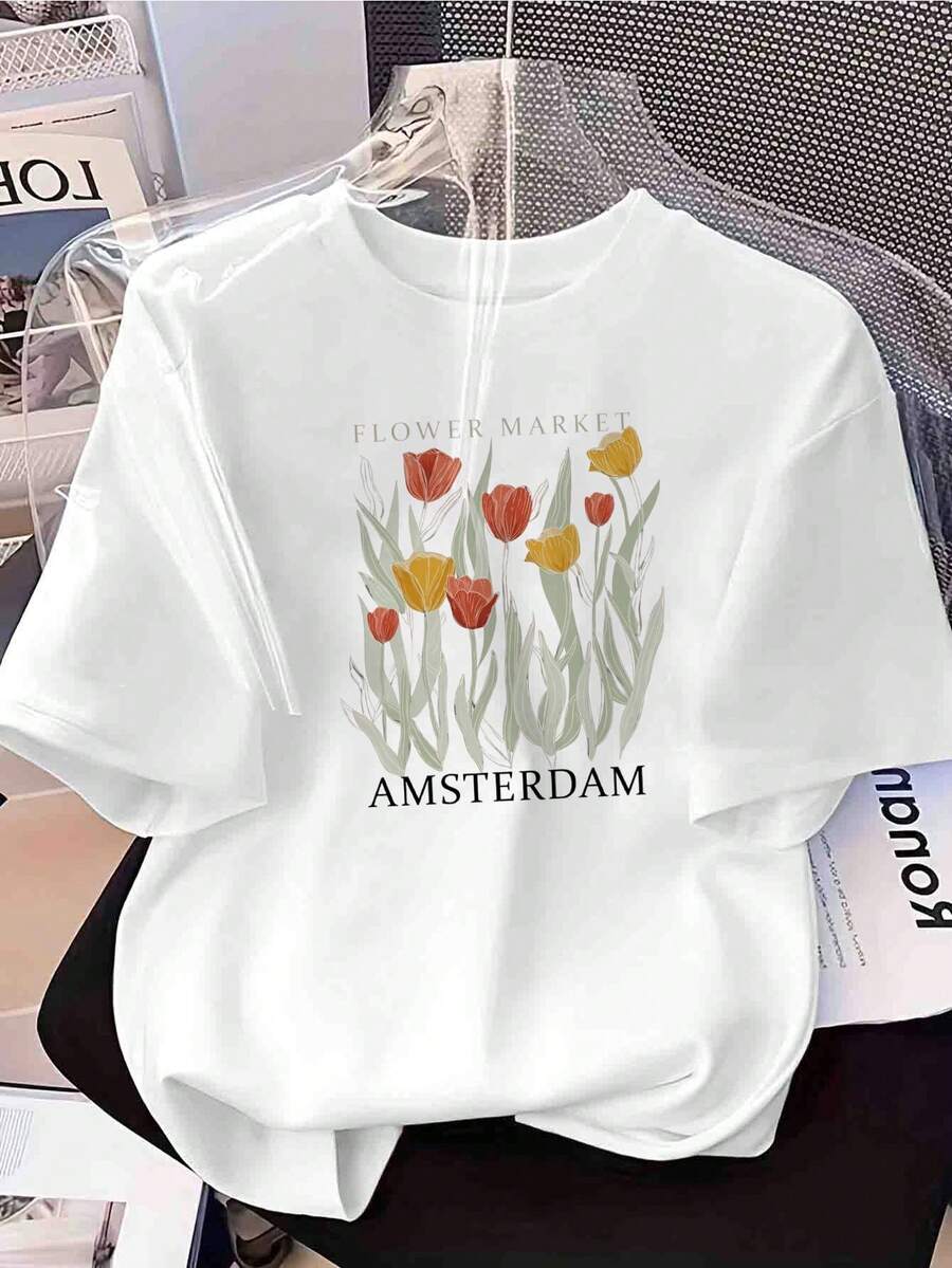 Camiseta inspiradora para mujer con estampado de tulipanes del mercado de flores - Cuello redondo - Diseño ligero de fantasía casual para primavera/verano y cita distintiva - Lavable a máquina, ropa casual cómoda. - Blanco - Ver 1