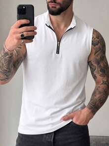 Men's Summer Half Zip Henley Neck Tank Top - White - View 5
