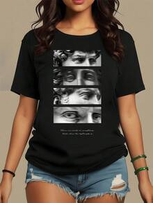 Fragmentos de un rostro esculpido que simbolizan la búsqueda interior y la luz que surge a través de las imperfecciones camiseta de mujer moderna y casual ideal para uso diario - Negro - Ver 8