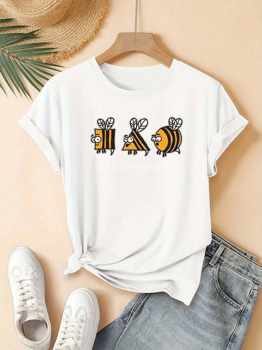 Una camiseta de moda y alegre con estampado de abeja de dibujos animados para mujer, con cuello redondo y mangas cortas. Es lavable a máquina y perfecta para un estilo casual de calle, lo que la convierte en un regalo ideal para usar en casa o en la oficina. - Blanco - Ver 1