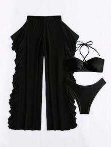 Swim Conjunto de bikini separado de 3 piezas, inalámbrico, para verano 2025 - Negro - Ver 4