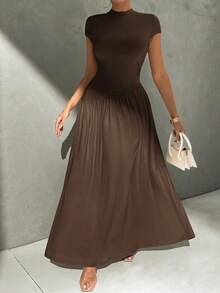 Vestido de línea A de manga corta, de cuello, ajustado, con bajo asimétrico, de uso diario, de estilo minimalista y elegante - Café integral - Ver 8