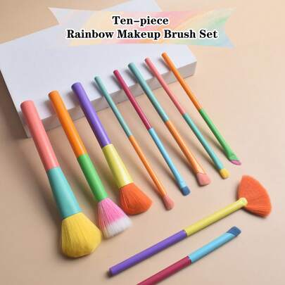 10 piezas Juego de brochas de maquillaje súper suaves de arcoíris de dopamina, que incluye brocha de base, brocha de sombra de ojos, brocha de rubor, brocha de cejas y brocha de labios, regalo ideal para amigos, familia, cumpleaños o Día de la Madre