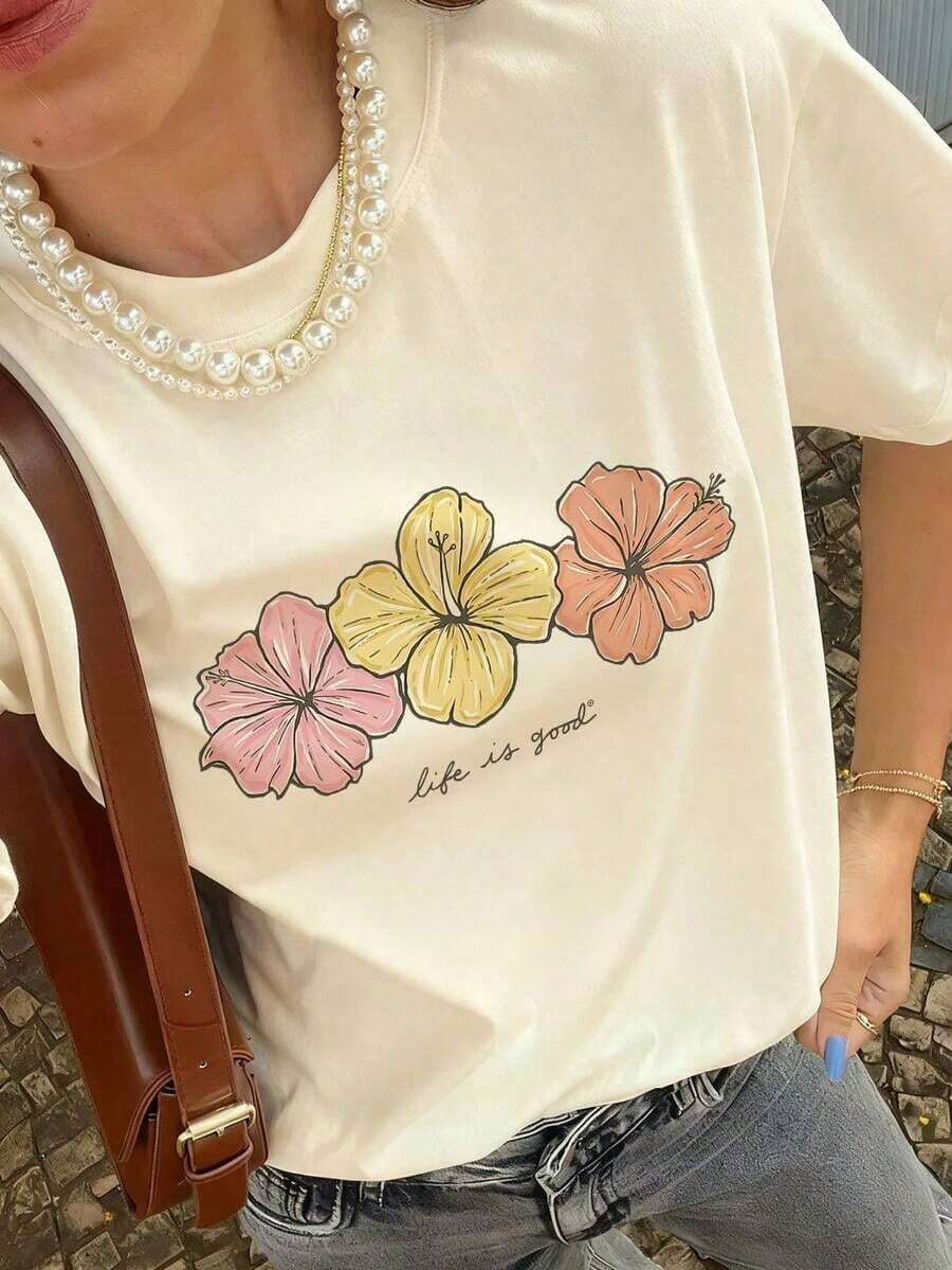 Camiseta de manga corta estampada para mujer, moderna y a la moda, ropa de primavera, atuendo para vacaciones, combinación de colores de verano, estilo playero, estilo vacacional, estilo campestre, ropa de oficina para mujer. Camiseta unisex de estilo callejero vintage, holgada, de algodón puro, de manga corta y cuello redondo. - Albaricoque - Ver 1