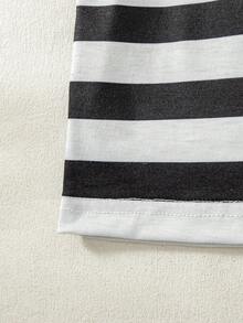 Set de 2 piezas de top de manga raglán con estampado de rayas y shorts de unicolor, estilo casual para niñas, primavera/verano - Negro - Ver 6
