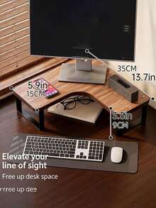 Bamboo And Wooden Desk Lift, Ergonomic Computer Stand With Sturdy Steel Frame, Space-Saving Desk Organizer, Suitable For Laptops, PCs, And Printers, Perfect For Home Office Workspaces, Easy To Assemble, Durable And Stylish (Walnut) - Brown - View 3