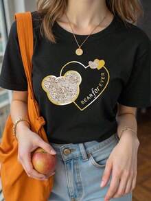 Women's Casual Round Neck Short Sleeve T-Shirt With Faux Pearl Trim, Bear Print And Graphic Slogan Design, HWEN JQMA Blouses For Women - 黑色 - 查看 7