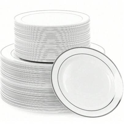 20pcs White Rimmed Round Party Plates/Reusable Dinnerware, (7.5inch And 10.25inch), Suitable For Banquets And Appetizers - Perfect For Parties, Weddings, Birthdays And Catering Events (Christmas/Valentine's Day/Mother's Day), Wedding Supplies, Event Tableware, Fashionable Plates, Elegant Cutlery, Lightweight And Durable, Suitable For Family Gatherings And Catering Services