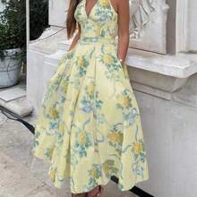 Women's Casual Elegant Sexy Spaghetti Strap Bow Pocket Fitted Long Dress, Bohemian Style Ruffle Waist A-Line Strap Dress, Spring/Summer/Autumn - Rosa - Ver 4