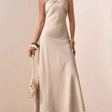 Spring 2025 New Arrivals Easter Birthday Parties Dates Everyday Outings Basic Versatile Casual Vacation Cruise Travel Beach Trending Hits Street Style Bohemian Chic Commuter Wear Brunch Outfits Airport Style Parties Holidays Elegant Banquets Dances Daily Commute Leisure Refined Elegance Street Fashion Minimalist Commuter Halter Neck Backless Pleated Detail Asymmetrical Design Hidden Pockets Elastic Waistband Asymmetrical Pleated Halter Neck Elastic Waistband Back Neckline A-Line Maxi Dress - Caqui - Ver 6