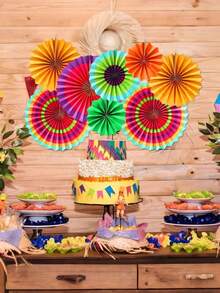 Conjunto de 6 peças de decoração colorida para festas temáticas, incluindo leques de papel para pendurar, com tema mexicano. Inclui discos de papel coloridos para pendurar, leques vibrantes com inspiração no sudoeste americano e muito mais. Ideal para festas mexicanas, cabines de fotos de carnaval, festas na piscina, casamentos de verão e decoração de ambientes. Perfeito para carnaval, formaturas, volta às aulas, Halloween, Dia de Ação de Graças e aniversários. - A - Ver 10