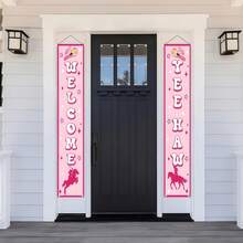 1 Par de Dísticos Estilo Cowboy Ocidental Rosa, Feitos de Material de Poliéster, Impressos com as Palavras "BEM-VINDO" e "YEE HAW", Acompanhados de um Chapéu de Cowboy e Imagem de Fundo de Montaria a Cavalo, Adequados para Festas com Tema Ocidental, Decorações de Alpendre, Etc. - A - Ver 4