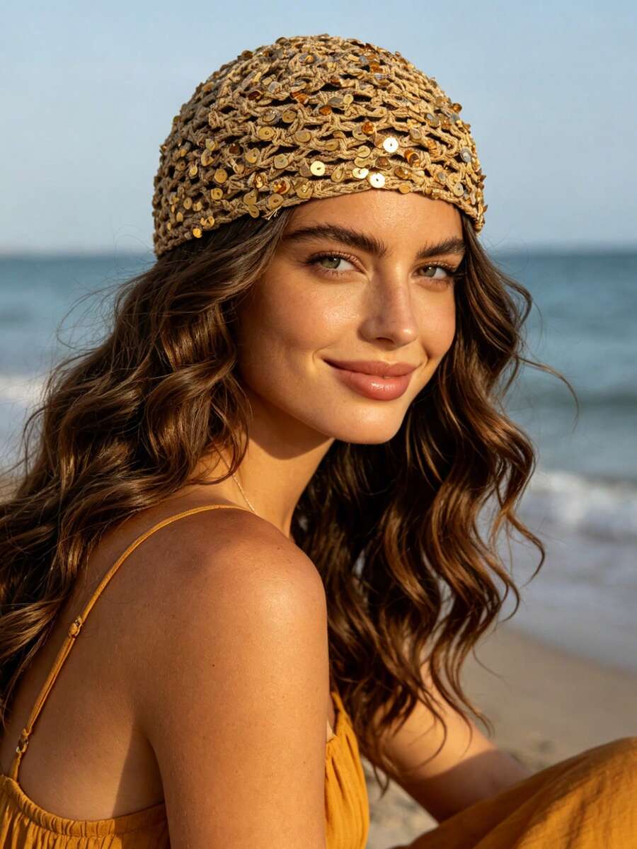 1 chiếc mũ len dệt kim đính sequin phong cách Bohemian thời trang, phụ kiện dành cho nữ. - Nhiều màu - Xem 1