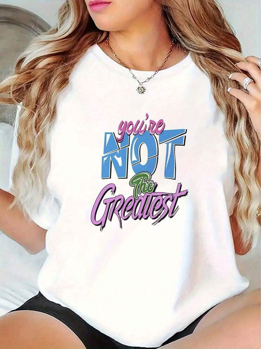 Camiseta de Mujer con Estampado de Letras, Moda de Verano para Mujer, Casual, Cómoda, Suave, Adecuada para Actividades Diarias al Aire Libre, Fitness, Transpirable, de Cuello Redondo y Manga Corta, 180g |   Diseño exquisito |   Suelto y cómodo |   Fácil de combinar | - Blanco - Ver 1
