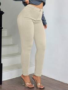 Apperloth A Plus Size Elastic Slant Pocket Skinny Pants, Suitable For Music Festivals - Apricot - View 5
