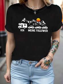 Plus Size, Plus Size Women's T-Shirt With "ICH MEINE FOLLOWER" Text And Camper Van And Mountain Print - Casual Short Sleeve Round Neck Top, Suitable For RV Travel, Camping, Outdoor Lifestyle, Spring And Summer Wardrobe, Blouse Style - 黑色 - 查看 1