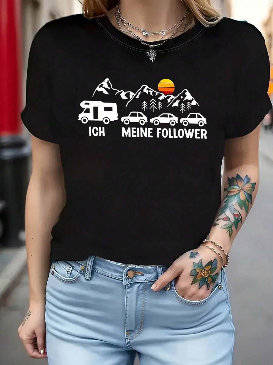 Plus Size, Plus Size Women's T-Shirt With "ICH MEINE FOLLOWER" Text And Camper Van And Mountain Print - Casual Short Sleeve Round Neck Top, Suitable For RV Travel, Camping, Outdoor Lifestyle, Spring And Summer Wardrobe, Blouse Style - 黑色 - 查看 1