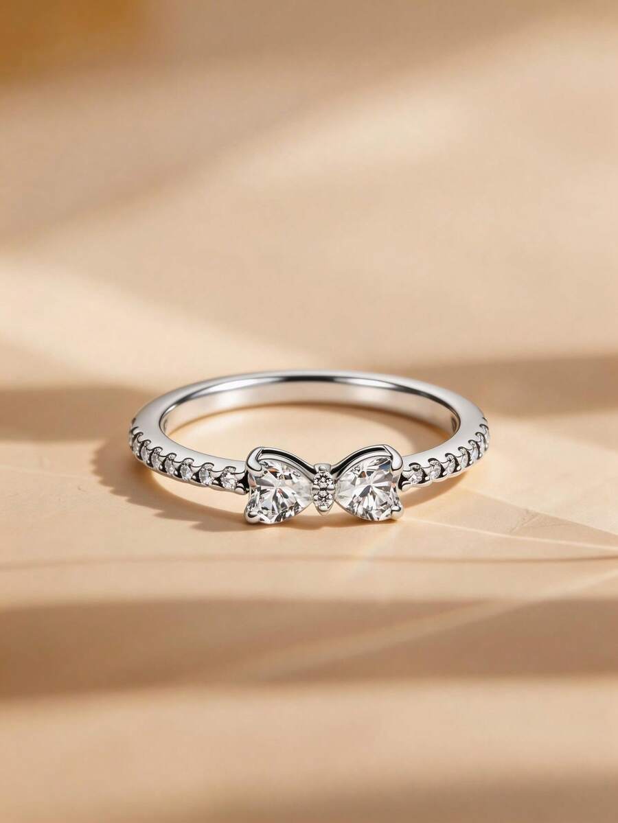 Bộ 1 chiếc nhẫn hình nơ màu bạc đính đá Cubic Zirconia trắng, thanh lịch và thời trang, thích hợp để đeo cùng nhiều nhẫn khác. - Bạc - Xem 1