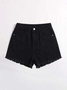 Pantalones cortos vaqueros casuales, estilo minimalista para uso diario - Negro - Ver 3
