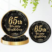 Bộ 10/20/30 đĩa giấy sinh nhật lần thứ 40/55/60/65/75, đĩa tiệc màu đen và vàng kim loại, đĩa tròn 9" & 7" dùng cho bữa tối và tráng miệng với họa tiết quà tặng vàng, pháo hoa và bóng bay. In dòng chữ "Chúc mừng sinh nhật lần thứ 40/55/60/65/75" dùng để trang trí tiệc sinh nhật cho nam và nữ. - 65 tuổi - Xem 5