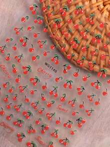 4pcs French Romantic Red Cherry Nail Stickers - Handpainted Fresh Fruit & Green Leaf Nail Art Decals - Suitable For Spring/Summer, Graduation, Outdoor, Vacation - Multicolor - View 7