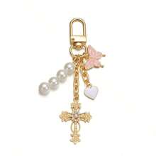 1pc Cross, Heart, Butterfly Decorated Keychains, Keyrings, Bag Charms, Car Key Rings, Accessories For Women - Gold - View 9