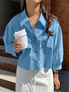 Camisa de manga larga holgada con botones delanteros y bolsillo en unicolor para mujer - Azul - Ver 5
