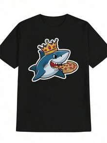 [Durable Print] Camiseta Gráfica Negra Divertida para Hombre - Diseño de Tiburón Juguetón con Pizza y Corona, Camiseta Casual de Manga Corta de Poliéster, Lavable a Máquina - Regalo de Verano Perfecto para Él - Negro - Ver 1