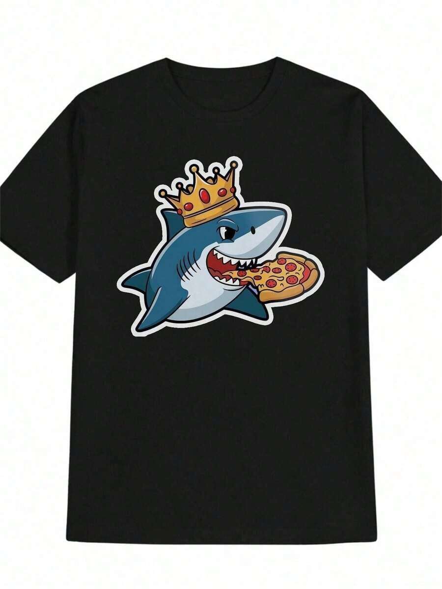 [Durable Print] Camiseta Gráfica Negra Divertida para Hombre - Diseño de Tiburón Juguetón con Pizza y Corona, Camiseta Casual de Manga Corta de Poliéster, Lavable a Máquina - Regalo de Verano Perfecto para Él - Negro - Ver 1
