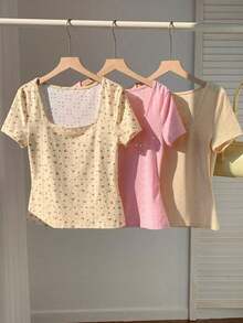 3 piezas de camisetas cortas básicas de cuello redondo y cortas para mujer en marrón café y blanco, ropa de otoño - Multicolor 2 - Ver 5