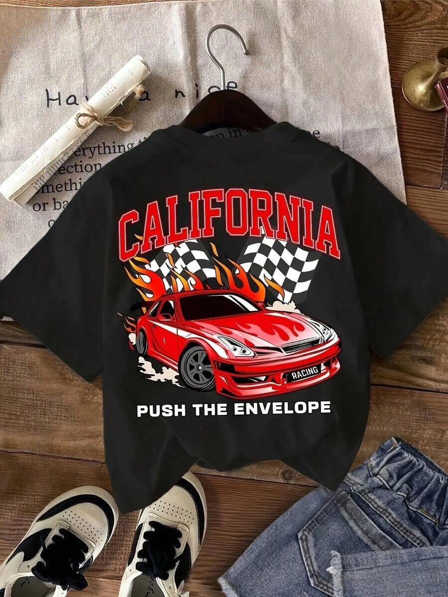 Camiseta de manga corta estampada de automóviles para mujer, con cuello redondo, estilo de verano. - Negro - Ver 1
