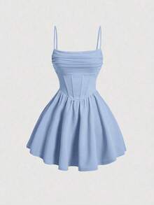 Elegante vestido de tirantes con fruncido en la cintura de color liso - Celeste - Ver 5