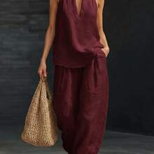 Women's Plus Size Two-Piece Suit With V-Neck And Straps, Made Of A Linen And Cotton Blend, Ideal For The Office And Summer, Current Fashion - 酒紅色 - 查看 8